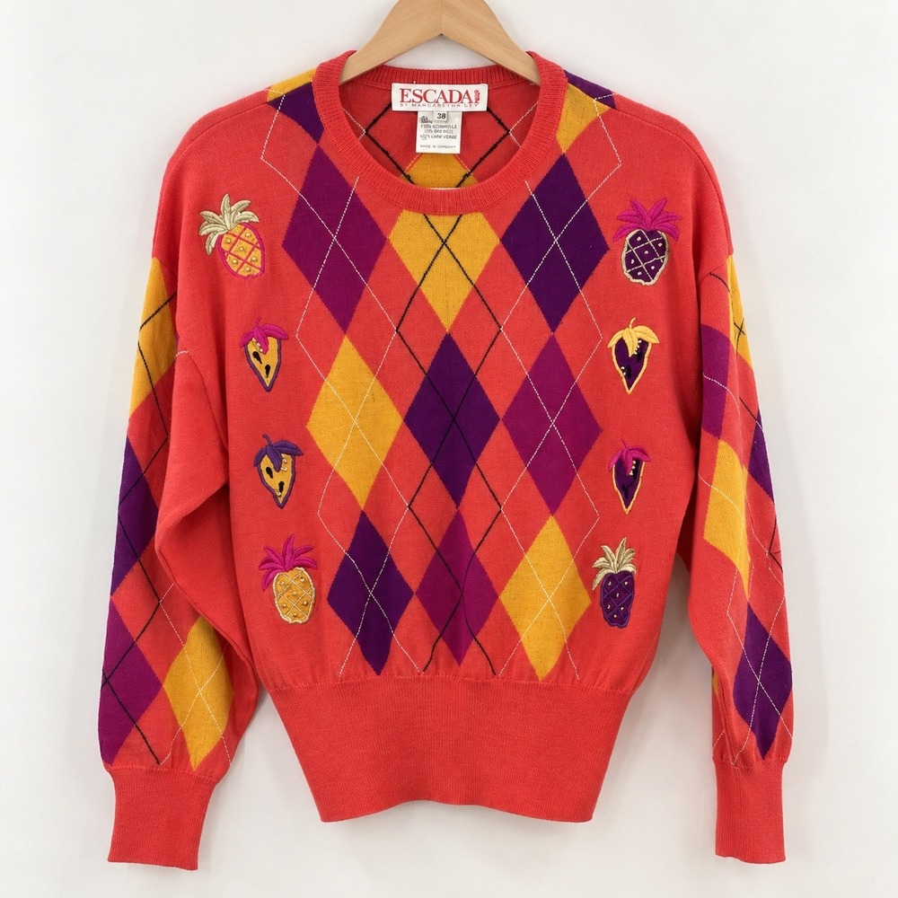 Escada Vintage Fruit Argyle‎ Sweater Womens 38 M Grandmacore Kitschy Wool Italy